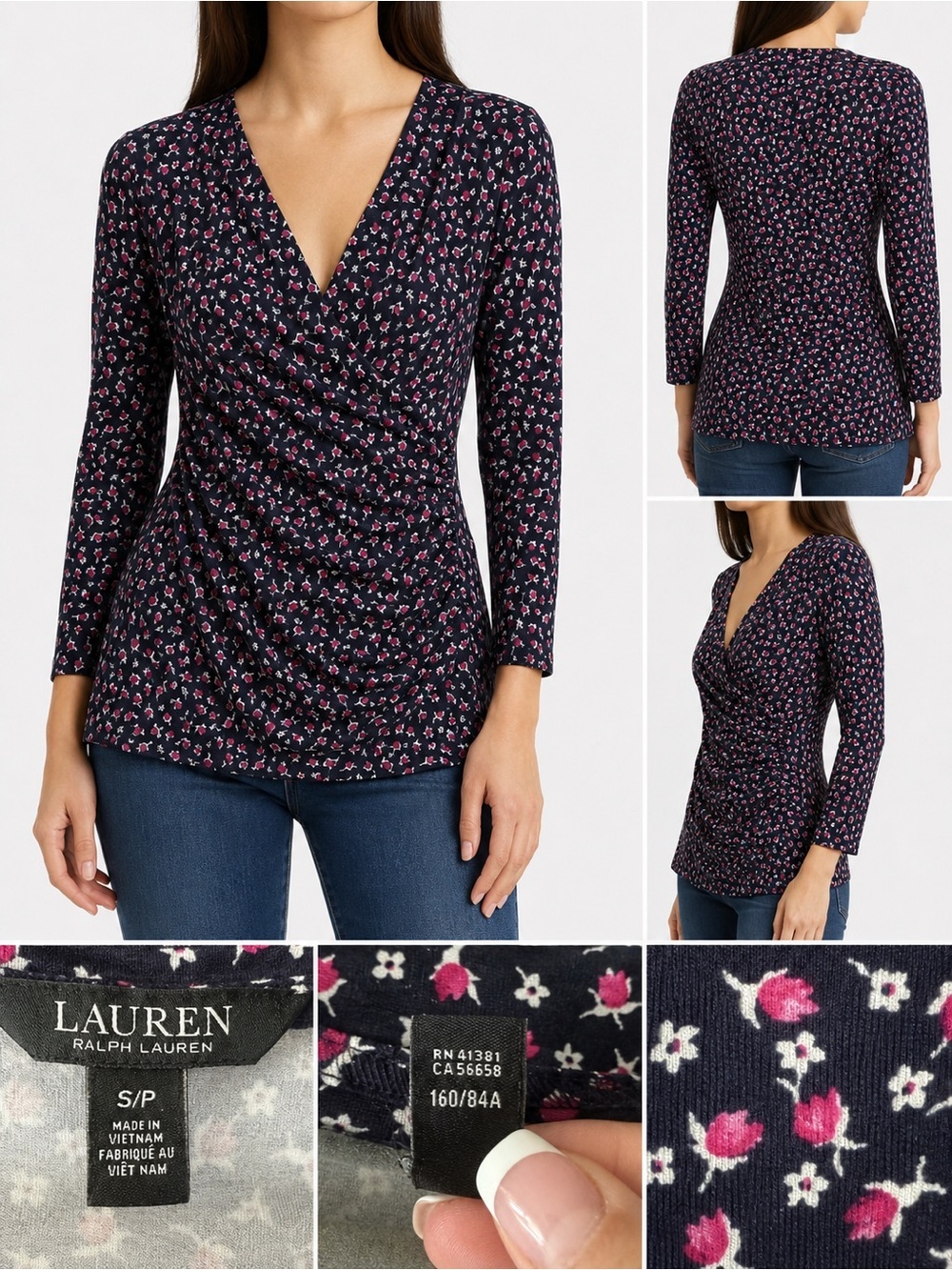 Lauren Ralph Lauren Floral Ruched Wrap Top Navy Pink Stretch Blouse Size Small